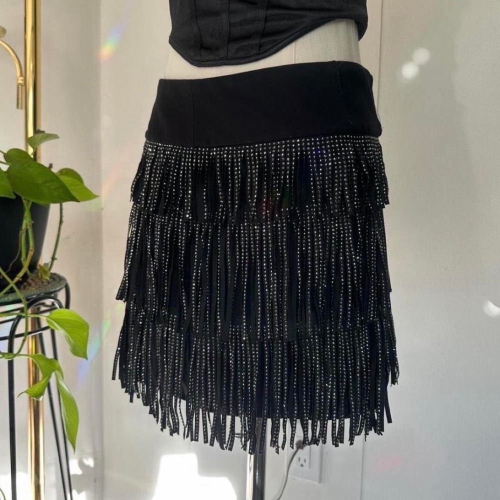 Poster Grl Black Rhinestone Fringe Mini Skirt Size L Festival Party Side Zip